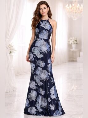 XScape - Ice Blue Floral/black Full Length Fit & Flare - Size 10 NWOT